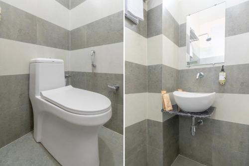 two pictures of a bathroom with a toilet and a sink at Treebo Raj Palace in Varanasi
