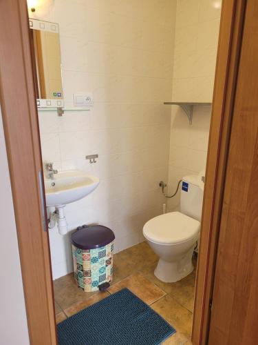 a bathroom with a toilet and a sink at Bed and Bread in Łeba