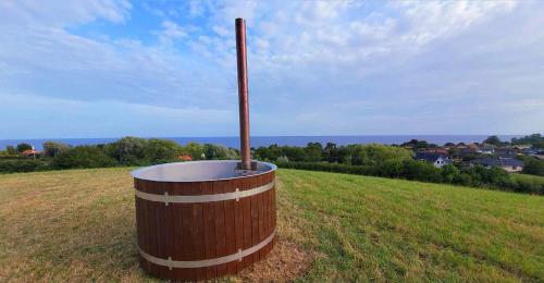 a large wooden barrel in a field of grass at Fantastisk havsutsikt, ditt eget lilla paradis 24m2 in Ystad