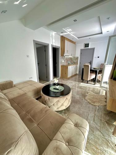 a living room with a couch and a table at L apartmani in Soko Banja