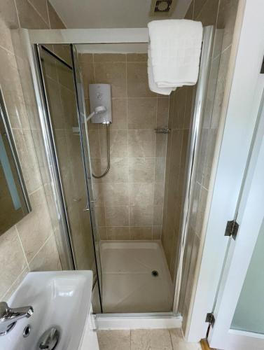 a bathroom with a shower and a sink at Crawford House- ScholarLee Living Apartments in Cork