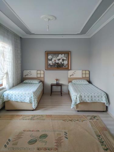a bedroom with two beds and a rug at Begonvil Butik Apart in Eceabat