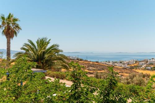a view of a city with palm trees and the ocean at La Casa Tinos 22 in Agios Ioannis Tinos