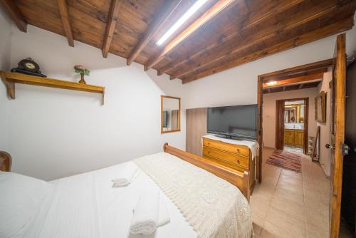 a bedroom with a bed and a flat screen tv at Maison Des Vignes Lofou in Lofou