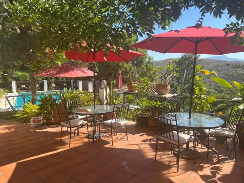 eine Gruppe von Tischen und Stühlen mit Sonnenschirmen in der Unterkunft Casa Simba B&B in Estepona