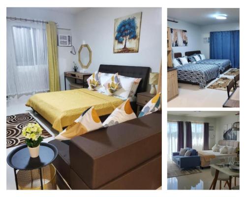 two pictures of a bedroom with a bed and a living room at VERDANT by Vista Manors Deluxe Rooms with Balcony, Gym and Swimming Pool in Puerto Princesa City