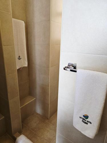a bathroom with a shower with a towel dispenser at Vittoria Suites Milimani, Kisumu in Kisumu