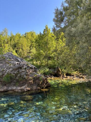 a river with a large rock in the water at Guesthouse Driti in Shkodër