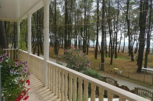 a white porch with trees and flowers on it at 4 Bed Villa-Sleeps 8-Parking-Garden-Sea View in Ureki