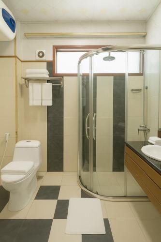 a bathroom with a toilet and a shower and a sink at Sapa Elegance Hotel in Sa Pa
