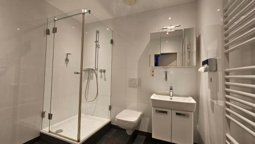 a bathroom with a shower and a toilet and a sink at Apartment Düsseldorf Nord in Düsseldorf