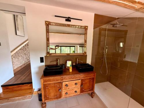 a bathroom with a sink and a mirror at Loft élégant au cœur de la campagne avec SPA privé in Mauvezin