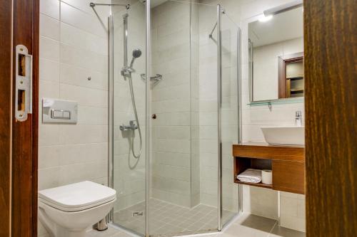 a bathroom with a shower and a toilet and a sink at Hotel Salvador in Batumi