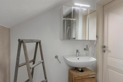 a bathroom with a sink and a mirror and a ladder at Bergblick Apartments in Radolfzell am Bodensee