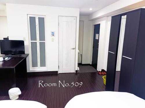 a room with a desk and a tv and a door at Ace Inn Asakusa in Tokyo