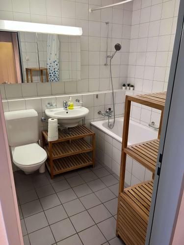 a bathroom with a sink and a toilet and a tub at Large Flat, Downtown Center next to Zurich HB Main Station Muller - Self Checkin in Zürich