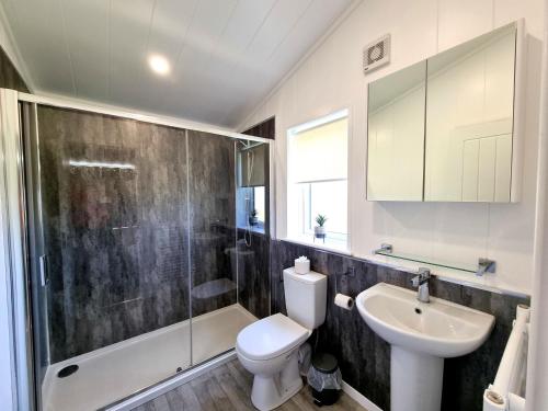 a bathroom with a toilet and a sink and a shower at Cherry Blossom 38 Hot Tub in Garton