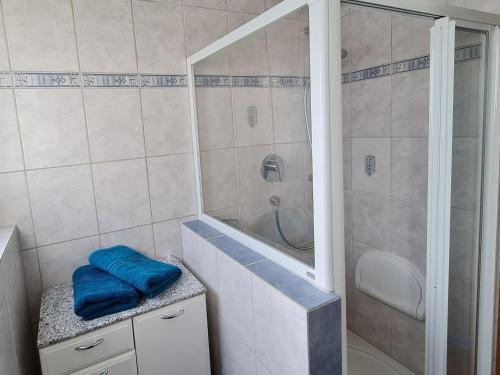 a bathroom with a shower and a blue towel on a counter at Ferienwohnung Felsenblick in Albstadt