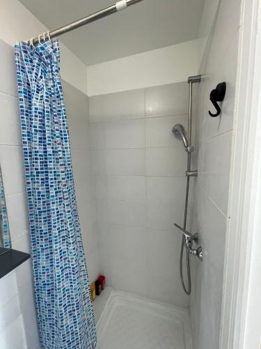 a shower with a blue shower curtain in a bathroom at Appartement 3 pers, métro direct in Aubervilliers