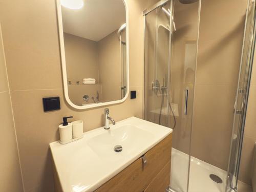 a bathroom with a sink and a shower with a mirror at Dom w Nowym Sztynorcie in Sztynort