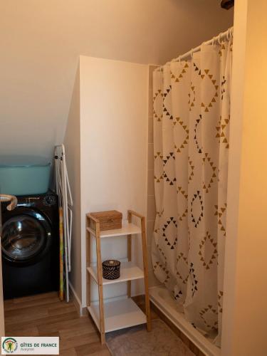a laundry room with a washing machine and a shower curtain at Le Grand Gîte in Cassagnes-Bégonhès