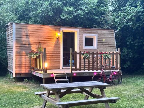 a tiny house with a picnic table and a bike at La Cabane du Halage in Aire-sur-la-Lys