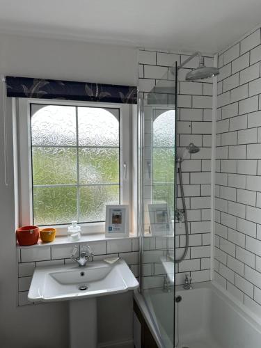 ein weißes Badezimmer mit Waschbecken und Dusche in der Unterkunft Skye Cottage - Vegan and Eco in Bernisdale