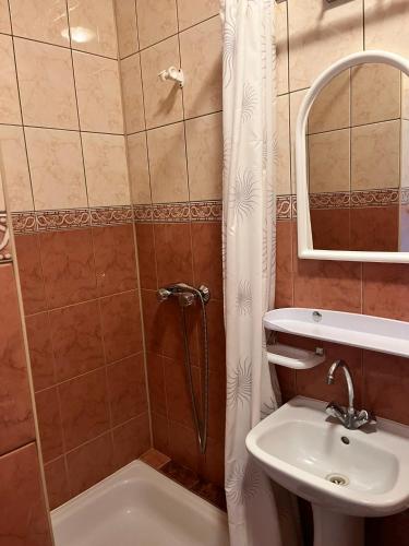a bathroom with a shower and a sink at Bursztynowy Brzeg in Sarbinowo