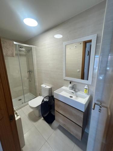 a bathroom with a sink and a toilet and a mirror at La Isla in Isla de Arosa