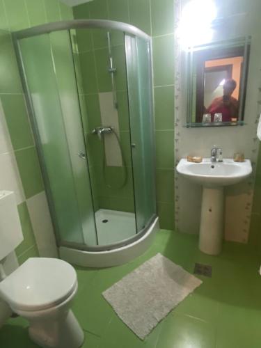 une salle de bain avec une douche, des toilettes et un lavabo dans l'établissement Vila Doda, à Eforie Nord