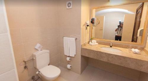 a bathroom with a toilet and a sink and a mirror at JAZ Makadi Saraya Resort in Hurghada
