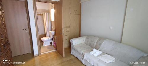 a living room with a couch and a toilet at Delux 3 Bedroom Apartment Exceptional Location in Sparti