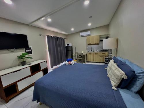 a large bedroom with a blue bed and a kitchen at The Gold Vacation Apartments in Santa Cruz