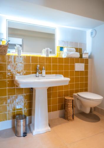 a bathroom with a sink and a toilet at Le Domaine de Richebourg - Pierres d'Histoire in Richebourg