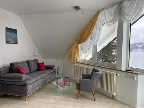 a living room with a couch and a chair and a window at Sunside Ferien Wellness Oase Hotel Apartment's Schwarzwald am Schluchsee in Schluchsee