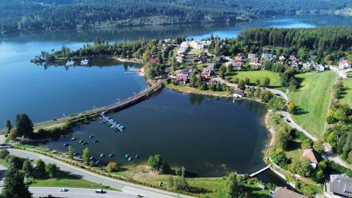 an aerial view of a town on a lake at Sunside Ferien Wellness Oase Hotel Apartment's Schwarzwald am Schluchsee in Schluchsee