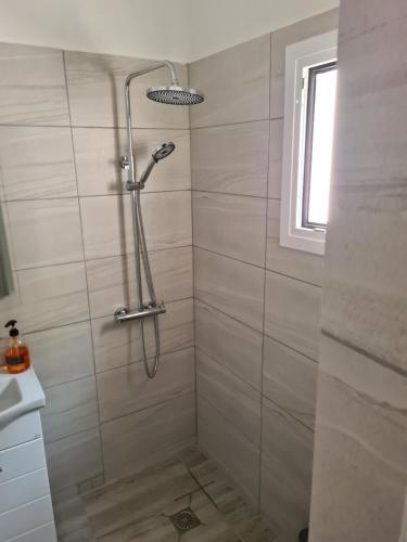 a shower with a shower head in a bathroom at Sea View House in Porto Rafti