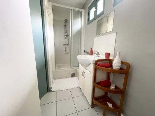 a small bathroom with a sink and a shower at Le Nid du rocher in Le Diamant