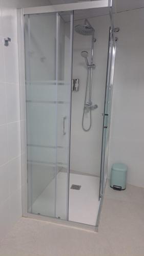 a shower with a glass door in a bathroom at El Callejón in Jaraguas