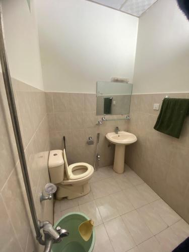 a bathroom with a toilet and a sink at Pine Villa Cottage in Nārān
