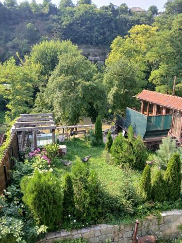 a garden with flowers and a house in the background at Romantic Guest House in Kamianets-Podilskyi