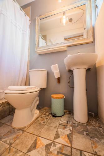 a bathroom with a toilet and a sink and a mirror at Hostal Copart in San Pedro de Atacama