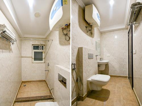 two pictures of a bathroom with a toilet and a shower at Hotel Paradise Classic At Airport in New Delhi