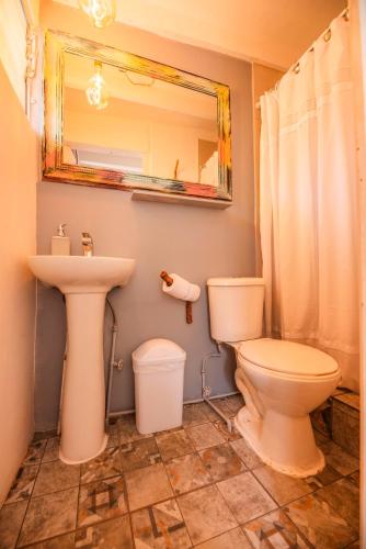 a bathroom with a toilet and a sink and a mirror at Hostal Copart in San Pedro de Atacama