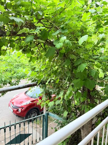 a red car parked next to a fence at DendroBak GuestHouse in Stepʼanavan
