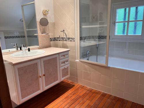 a bathroom with a sink and a shower and a tub at Domaine en Sologne Piscine chambre Climatisée in Nouan-le-Fuzelier