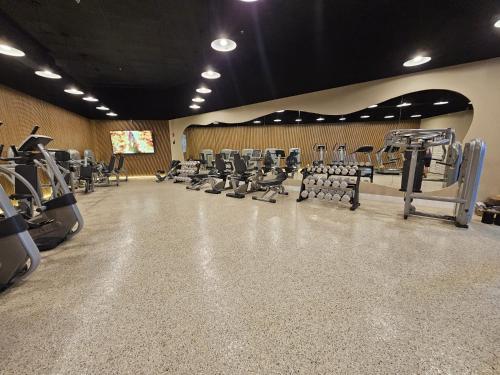une salle de sport avec des rames de tapis roulants et des machines dans l'établissement Shine Suites Studio 11, à Miami Beach