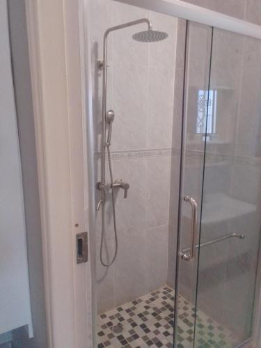 a shower stall with a glass door with a shower at Delta Executive Inn in Salidiro