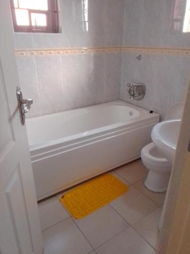 a white bathroom with a tub and a toilet at Delta Executive Inn in Salidiro