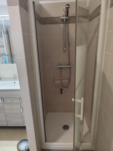 une douche avec une porte vitrée dans une salle de bain dans l'établissement T2 tout équipé avec une belle terrasse face mer, à San-Nicolao